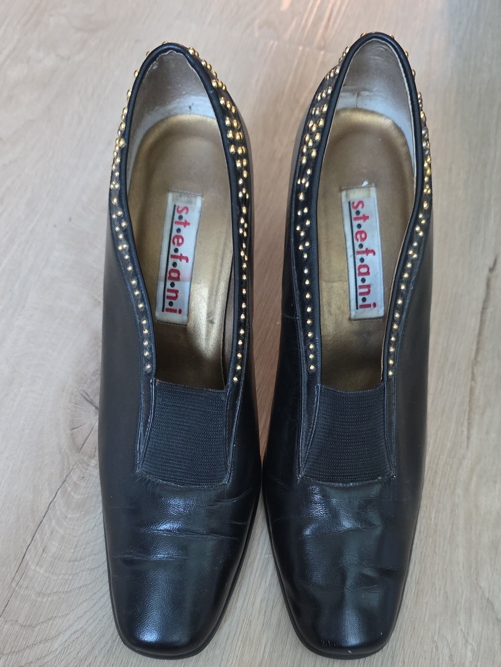 Vintage Stefani Black Leather Studded Pumps Low Block Heel Size 8.5
